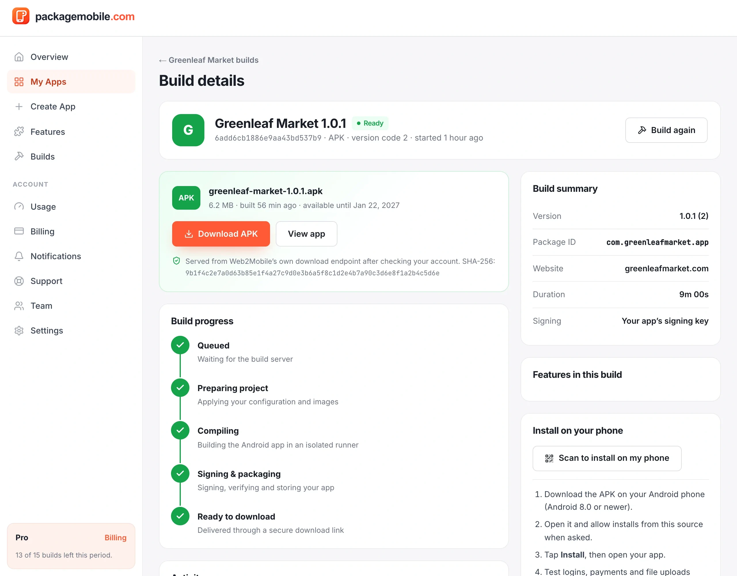 A finished build with the Download APK button and build summary