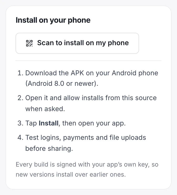 Install on your phone panel with Scan to install and steps