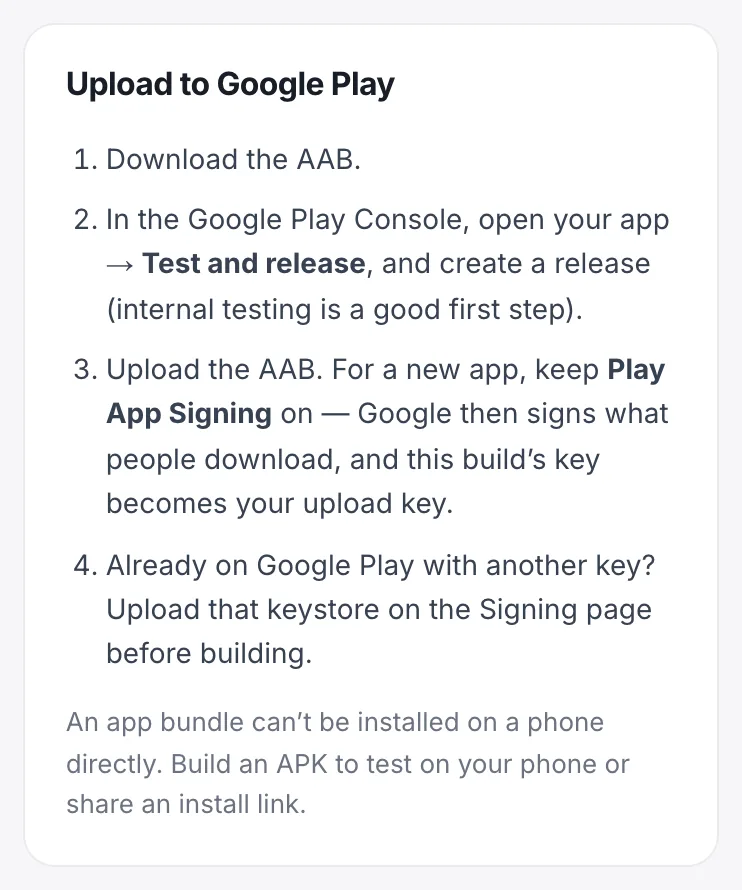 The Upload to Google Play steps on a finished AAB build