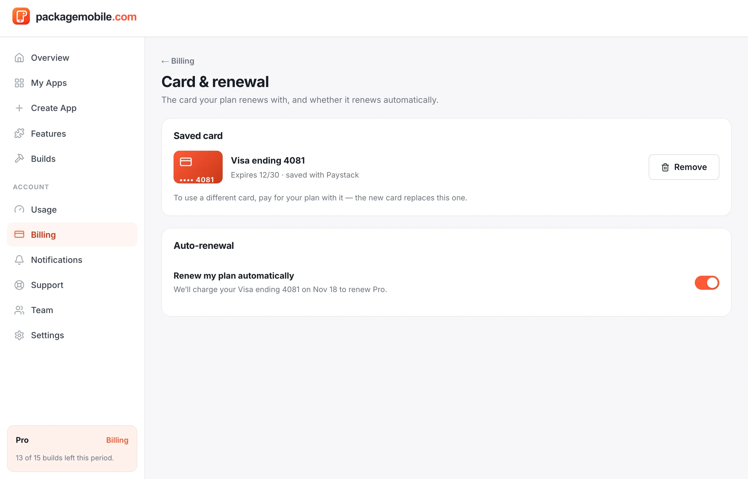 The Card & renewal page with saved card and auto-renewal switch