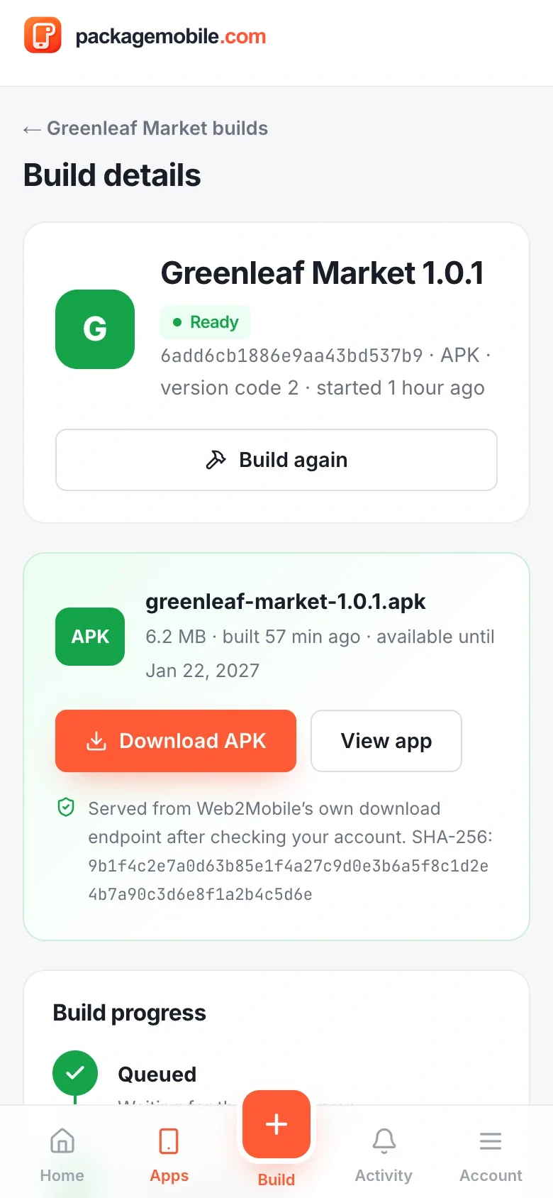 A finished build on a phone screen with the Download APK button