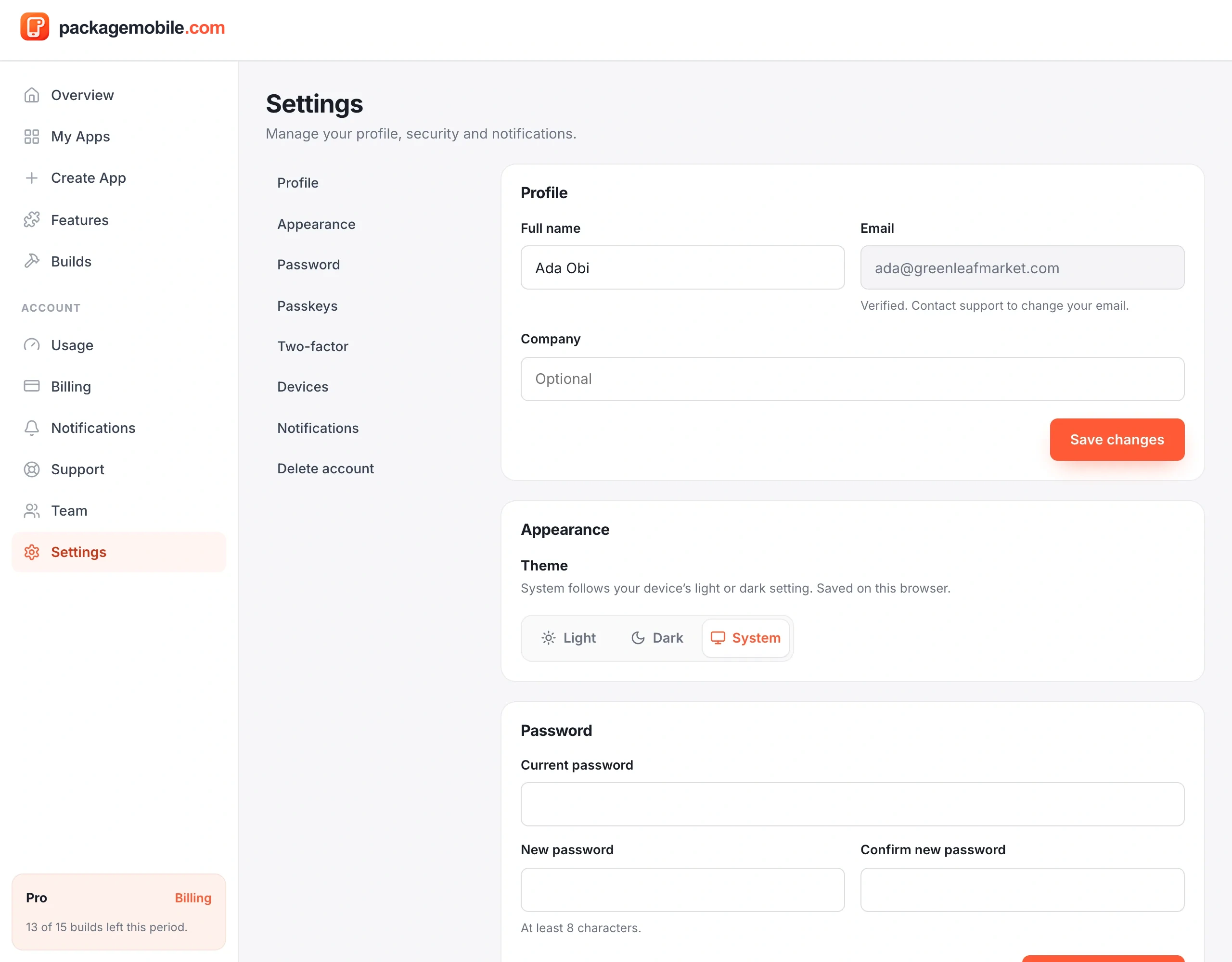 The Settings page with profile and appearance
