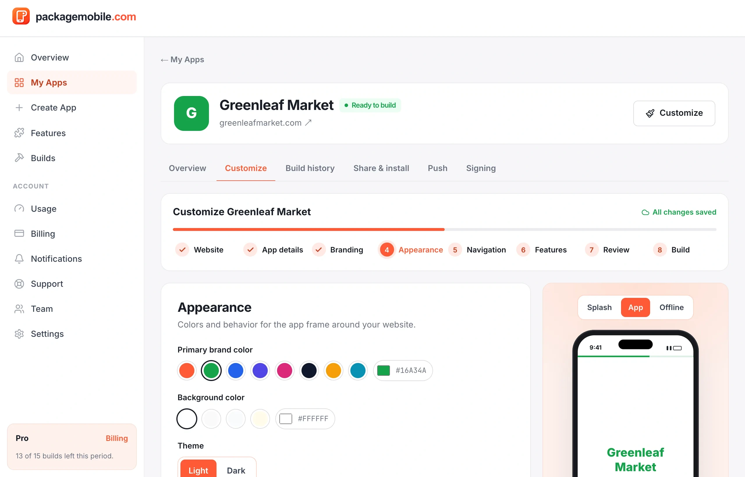 The Appearance step with brand color, background, status bar, theme and orientation