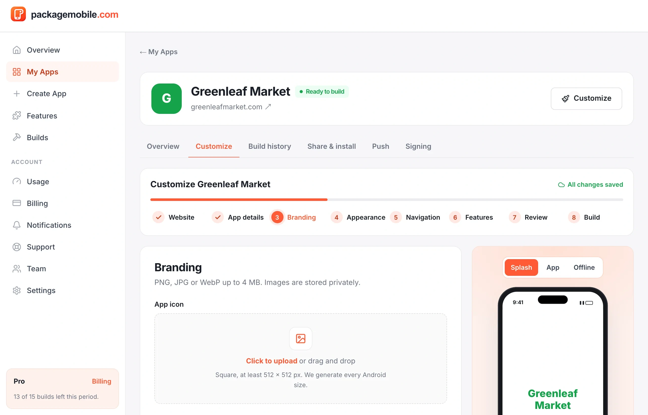 The Branding step with app icon and splash image uploads