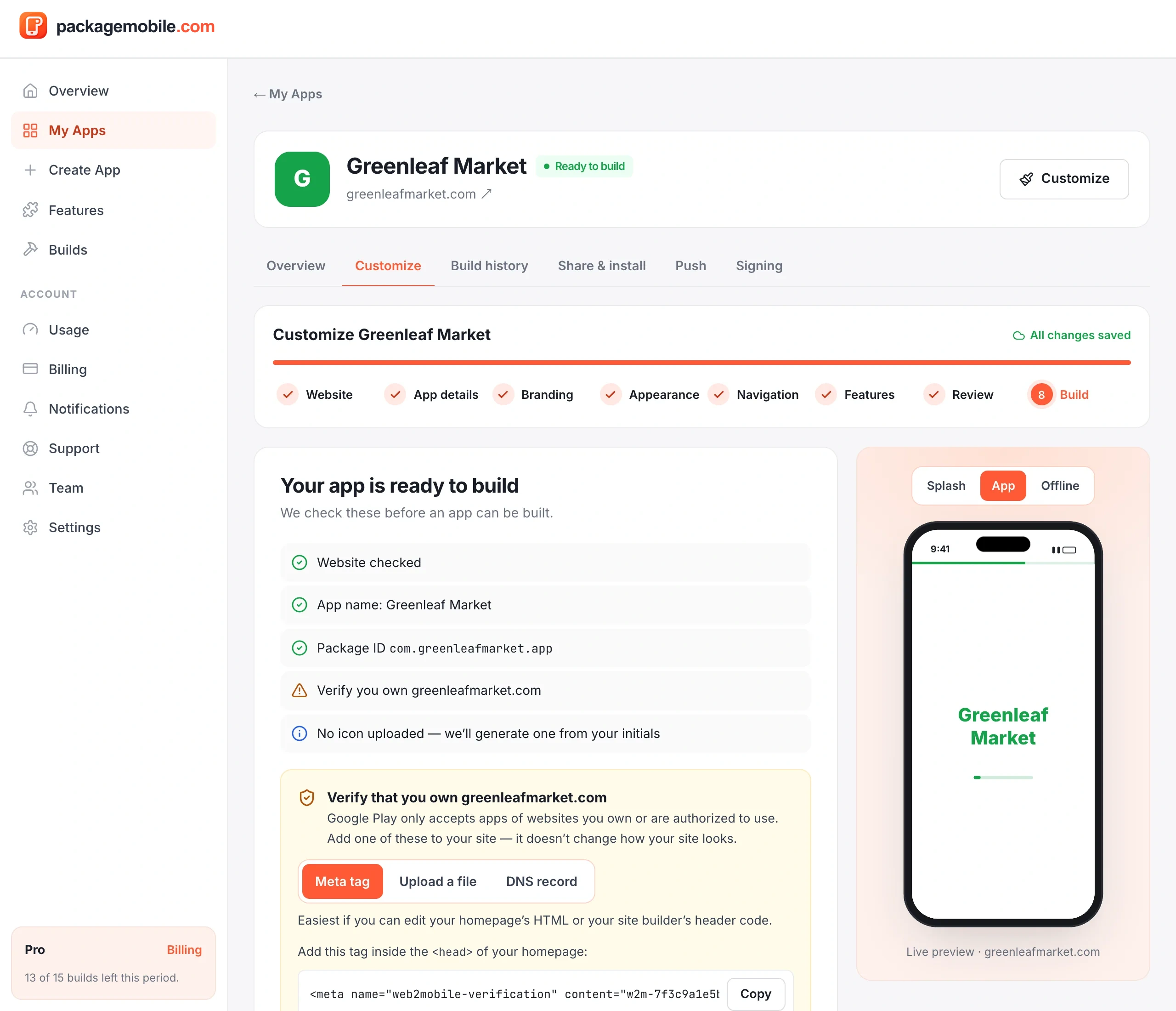 The Build step showing the pre-build checklist