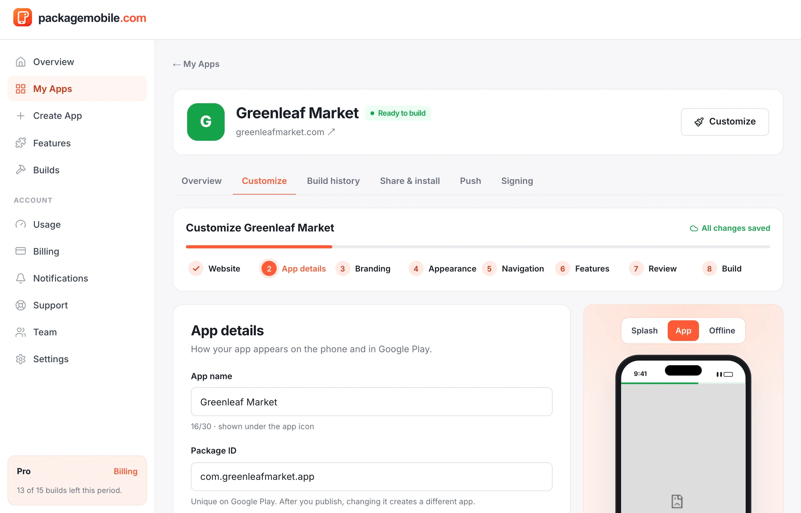 The App details step with app name, package ID, description and version