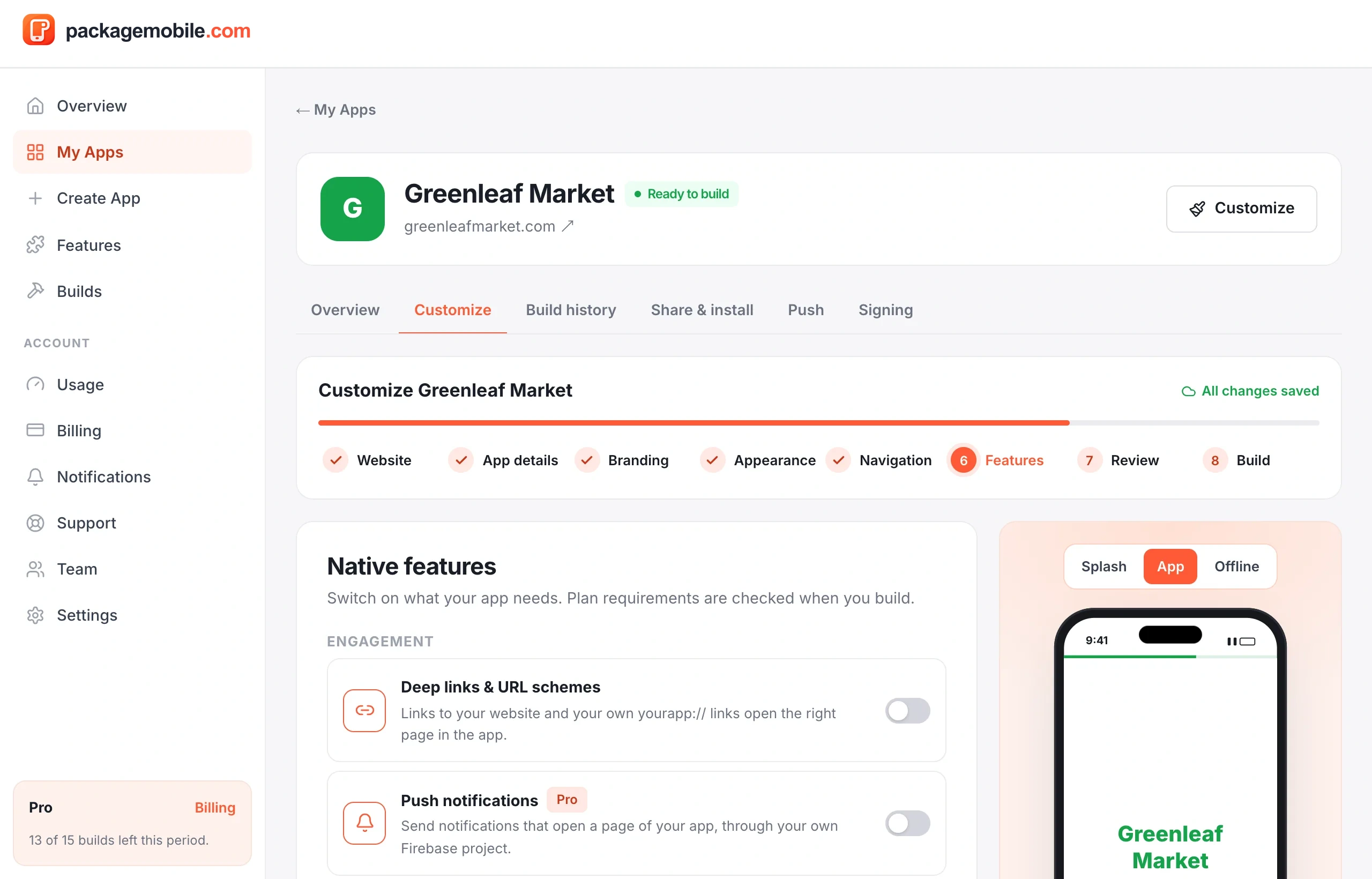 The Features step listing native features with plan labels