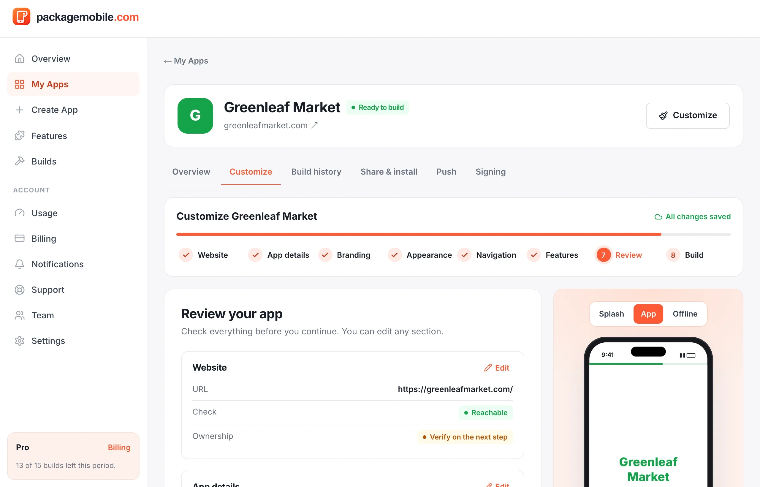 The Review step summarizing website, app details, branding and features
